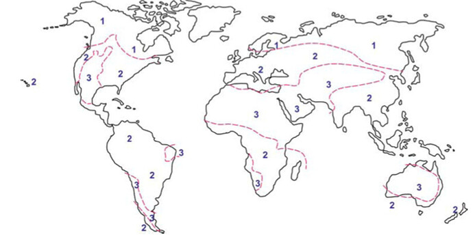 Figure 3. Le système d’altération global simplifié. Trois grandes zones sont distinguées : Zone 1, environnement typique de l’acidolyse ; Zone 2, environnement strict de l’hydrolyse ; Zone 3, régions arides et semi-arides avec des régions isolées de salinolyse d’alcalinolyse. *Sources : W. Chesworth (2008) d’après Pedro et Sieffermann (1979)*
