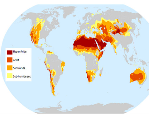 Figure 1. Les terres arides avec leurs sous-types.Carte préparée en utilisant les données spatiales de PNUE-WCMC 2007
